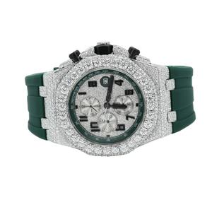 Reloj Cronógrafo de Cuarzo de Acero Inoxidable con Diamante Moissanite VVS, Correa de Silicona Verde, Corte Brillante Cultivado en Laboratorio para Hombre - Product Image 4