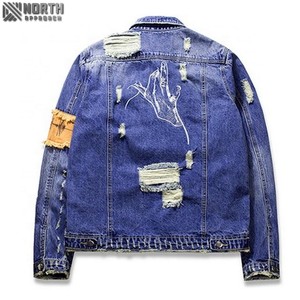Meilleurs hommes élégant bleu clair Denim veste Unique Hip Hop Street Wear décontracté hiver lavé Jeans avant Logo mode en gros - Product Image 4