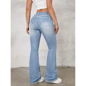 Jeans de mezclilla de lujo retro para mujer, azul cielo, corte acampanado, tiro alto, estilo callejero elástico, talla 26 a 40 - Product Image 2