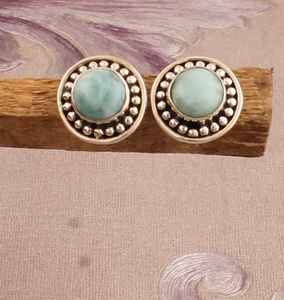 Pendientes de Plata de Ley 925 con Baño de Oro y Piedra Preciosa Redonda de Larimar Natural, Diseño de Puntos, Modernos, Regalo de Aniversario para Mujer - Product Image 2