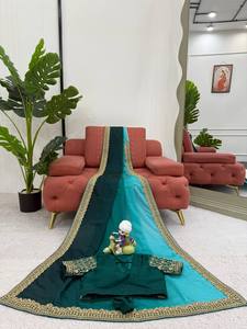 Saree de Chinnon de trabajo de encaje de secuencia de hilo pesado de alta calidad de la India, ropa de fiesta de boda fabricada para mujeres y niñas - Product Image 6