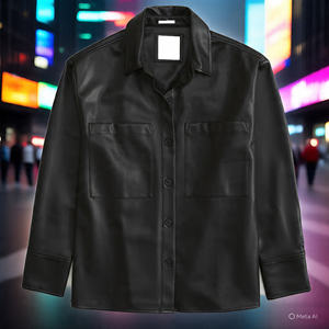 PU Leather <b>Shirt</b> <b>Women</b> Letterman Button up Oversize Long Sleeve Letterman Fashion Leather <b>Shirt</b> Ladies - Product Image 3