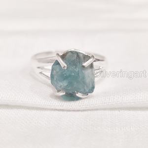 Rough <b>Stone</b> Jewelry Women's <b>Ring</b> Natural Raw Blue Apatite Gemstone Boho <b>Ring</b> Wedding Christmas Jewelry 925 Sterling <b>Silver</b> <b>Ring</b> - Product Image 1