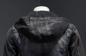 Veste en jean à capuche pour homme |   Poches en denim délavé vintage |   Vêtement de rue écologique à manches longues, coupe ample, simple boutonnage - Product Image 6
