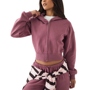 Wholesale <b>Winter</b> Acid Wash Drop Shoulder Solid Hot Pink Crop <b>Tops</b> Custom Logo Streetwear Full Zipper Pullover Hoodies <b>Women</b> - Product Image 1