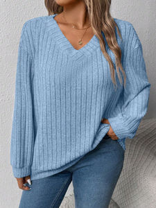 Sweat-shirt à col en V pour femme personnalisé, couleur unie, tricot gaufré, sweat-shirt tricoté gaufré pour femmes - Product Image 3