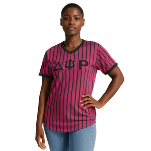 Delta Psi Rho Sorority Pink Pinstripe Pullover Jersey de béisbol Malla de poliéster Camiseta con cuello en V con relleno de bordado de huecos - Product Image 1