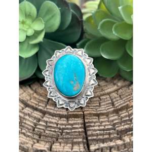Harold Joe Kingman Turquoise Sterling Silver <b>Dainty</b> <b>Ring</b> Size 9.5 Fine Platinum Jewelry Smooth Cut Rhodium for Everyday Wear - Product Image 1