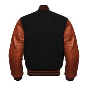 Chaqueta universitaria negra de lana para mujer con mangas de cuero marrón y puños acanalados - Product Image 2