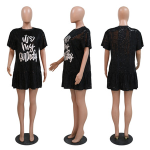 Abito da sera da donna BH1068 con paillettes "<span class=keywords><strong>è</strong></span> la mia festa di compleanno" stampa digitale a vita naturale con motivo solido per l'autunno - Product Image 6