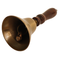 Cloche à main en métal vintage de 7 pouces avec poignée en bois découpée et imprimée, gravée, cadeau de retraite pour enseignant, cloche artisanale