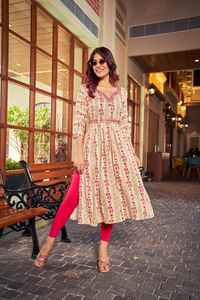 Latest Heavy Rayon FOIL Prints Naira <b>Suit</b> Belt and Neck Embroidered Work Kurtis Collection - Product Image 5