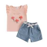 Ensemble 2 pièces décontracté personnalisable de haute qualité pour petites filles, imprimé floral, manches courtes, séchage rapide, tissu en coton doux, printemps-été