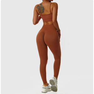 Ensemble de leggings et soutien-gorge de sport sans couture à taille haute pour femme, avec bretelles spaghetti, décoration en maille, respirant, en Spandex/Nylon, maintien élevé - Product Image 2
