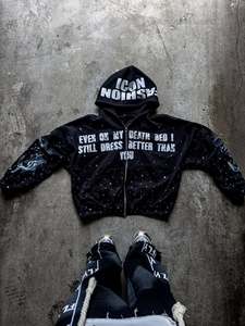 Sudaderas con capucha de alta calidad Logotipos impresos Hombres personalizados Fabricantes Rhinestones Zip up Puff Vintage Wash Print Acid Wash Hoodie - Product Image 3