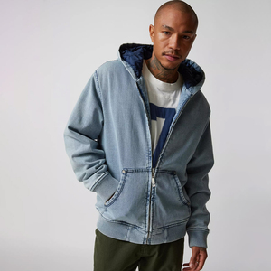 OEM Unisex Denim Washed Custom Heavyweight Zip Up Algodón Cremallera Sudadera con capucha de gran tamaño Hombres Streetwear Moda Drop Shoulder Jacket - Product Image 1