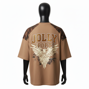 T-shirt ample pour homme, surdimensionné, en jersey de coton lourd 200 GSM, coupe décontractée, camouflage marron, panneau d'épaule, logo imprimé en strass - Product Image 2