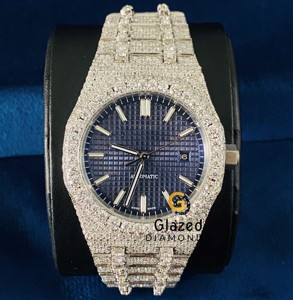 นาฬิกาเพชรโมอิสสำหรับผู้ชายหน้าปัดสีฟ้าดูหรูหรามีปุ่มล็อคซ่อนรอบ - Product Image 5