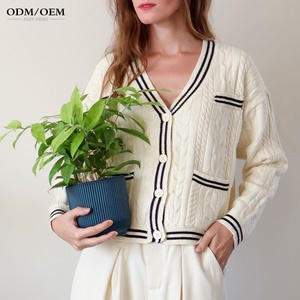 OEM Spring <b>Women</b> <b>Beige</b> V-neck Custom Logo Embroidery Cardigan Casual Loose Sweater Fashion Knitted <b>Jacket</b> Streetwear - Product Image 5