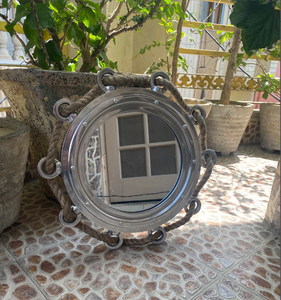 Espejo de ojo de buey de cuerda de yute de aluminio de 15 "/Espejo de pared de baño/Decoración de pared de estilo náutico-ventana - Product Image 1