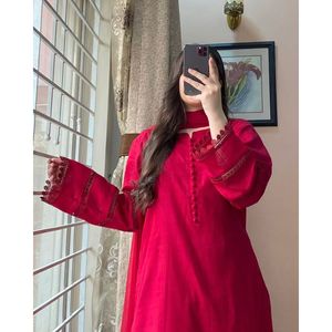 Vêtements d'été rouges pour filles, 100% coton respirant avec col mandarin - Product Image 3