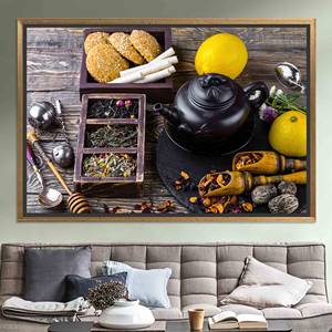 Impression sur toile élégante « Heure du thé au citron et à la théière » pour la décoration de cuisine, TOILE ENCADRÉE DORÉE - Product Image 1