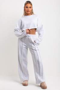 Premium Quality Grey Marl 2 Piece Women's Tracksuit Set Jogger And Crop Sweatshirt With Seam <b>Detail</b> Women's Two Piece Sweat Set - Product Image 2