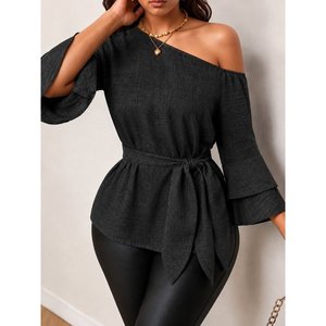Women'<b>s</b> One-Shoulder Off-Sleeve Truvakar Sleeve Belted Sofia <b>Blouse</b>, 37652 - Black - Product Image 1