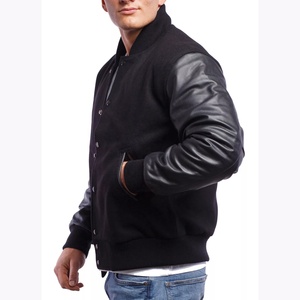 Chaquetas universitarias de béisbol de invierno personalizadas OEM para hombre, estilo informal, bordado, estampado de hojaldre, lona negra, cuello acanalado, Mangas de cuero - Product Image 1
