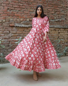 Robe longue d'été 2024 rouge 100 % coton à manches longues col rond vintage coupe trapèze ajustée respirante - Product Image 6