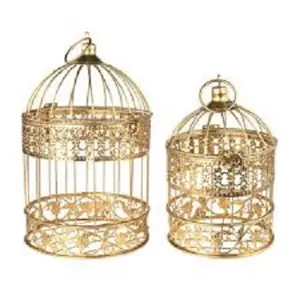 Set of 2 Metal Handmade Rustic Vintage Style White Wire Bird Cages, Decorative Table Top Centerpieces for Florals Candles