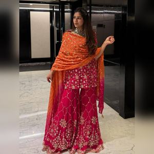 ชุดชารารา ซาลวาร์ กามีซ ผ้าจอร์เจต์หรูหรา พร้อมเสื้อปักลายด้วยด้ายอย่างดี และกางเกงชารารา ผ้าจอร์เจต์ พร้อมผ้าคลุมไหล่ สำหรับใส่เที่ยวแบบสบายๆ - Product Image 3