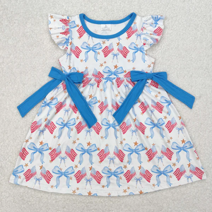 Vestido RTS para Niñas Pequeñas, Manga Corta, Bordado de Béisbol, Lazos Azules, Largo hasta la Rodilla - Product Image 3
