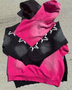 Sudadera con Capucha Personalizada, Bordada, con Efecto Desgastado, de Algodón Grueso para Invierno, Unisex, Talla Grande, Estilo Vintage, con Bolsillo y Pedrería - Product Image 3