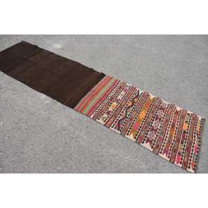 Kilim Alfombra de lana marrón 2,4X8,9 pies hecho a mano turco tejido plano Jacquard técnica felpa látex Patchwork para pasillo rectángulo - Product Image 2