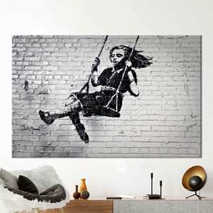 Impression sur toile élégante de Banksy Girl On Swing Street - Décoration murale moderne, 1P:Gallery Wrapped - Product Image 1