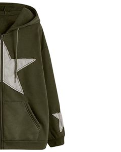 Sweat à capuche zippé vert olive à imprimé étoiles pour femme, sweat-shirt en molleton décontracté, veste oversize streetwear - Product Image 3
