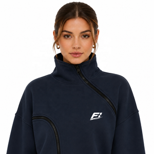 Sudadera con cremallera asimétrica personalizada para mujer, cuello alto, manga larga, ajuste relajado, estilo casual, tejido acanalado, moda urbana - Product Image 4
