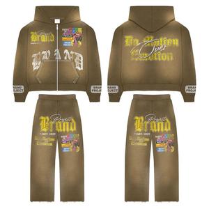 Pantalon de survêtement unisexe lavé à l'acide personnalisé 100% coton Patch brodé Rhinestone Baggy Fit Terry Men's Ripped Style ODM Supply - Product Image 1