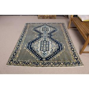 Alfombra Turca de 5x6.6 pies, Alfombra de Lana a Rayas Azules Vintage - Product Image 1