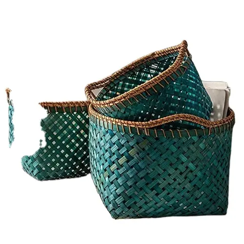 Cesta de bambú verde tejida a mano para el hogar, cesta con tapa y ASA, hecha en Vietnam