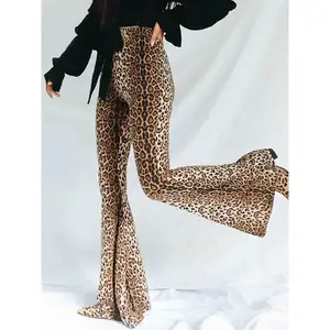 Nouveauté mode imprimé léopard pantalon évasé femmes taille haute élastique pantalons longs 2024 printemps nouvelle dame bas vêtements d'extérieur