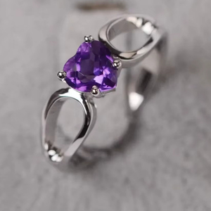 Bague de fiançailles en forme de cœur d'améthyste vintage, bague de promesse d'améthyste en branche d'argent délicate, bague de mariage unique en améthyste violette, - Product Image 1