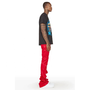 Pantalones de lona elásticos ajustados de cuero PU, pantalones de Moto de hombre rojo con ropa de calle de cintura media, pantalones de chándal acampanados apilados finos - Product Image 4