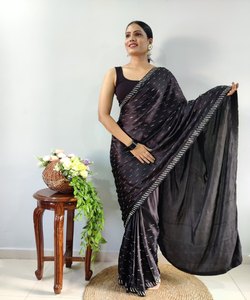 Sari de organza listo para usar con reflejos de secuencia de algodón - Product Image 5