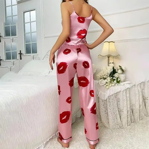 Pyjamas assortis à manches courtes respirants en coton et soie Offre Spéciale vêtements pour femmes pour vêtements de nuit robe confortable imprimé à lèvres - Product Image 5