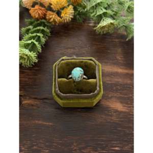 Navajo-Made Mine 8 Turquoise Sterling <b>Silver</b> <b>Statement</b> <b>Ring</b> Vermeil Rhodium Plating Geometric Pattern Size 7.5 for Everyday Wear - Product Image 1