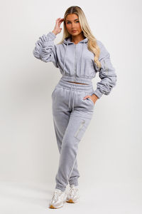 Vente en gros ensemble de survêtement gris 2 pièces pour femmes avec manches froncées surdimensionnées et 100% coton ensemble de survêtement jogger 2 pièces pour femmes - Product Image 4