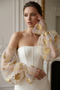 Tissu en tulle uni tissé avec broderie d'oiseaux et de roses métalliques dorées, dentelle à motifs végétaux, articles en stock pour mariages et jeunes filles - Product Image 4