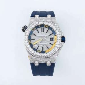 Demi glacé luxueux Moissanite diamant clouté montre bleu élastique chronographe cadran Quartz Date fonction pour hommes femmes - Product Image 1